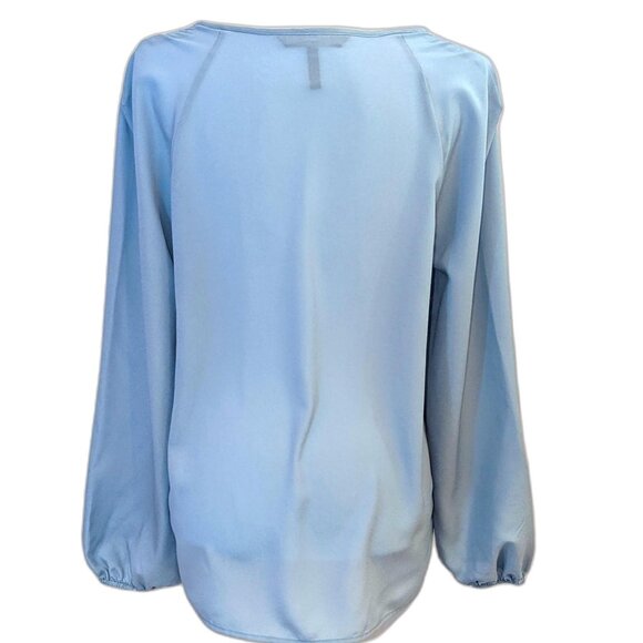 BCBGMAZAZRIA | Satin Blue Long Sleeve Ruffle Shoulder Keyhole Blouse | Medium - Picture 4 of 12